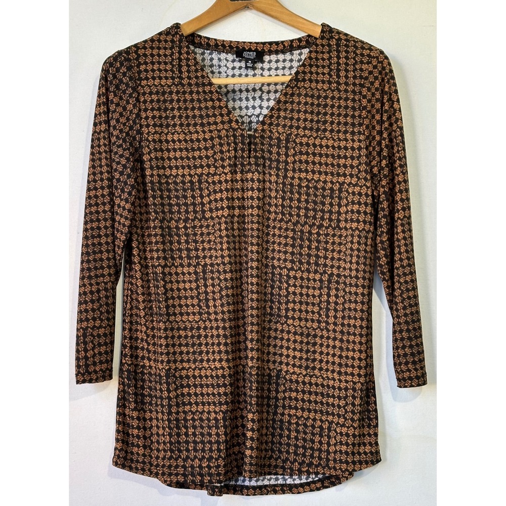Jones New York Blouse Foulard V-Neck Womens M Brown Black Business Top